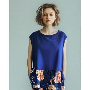 NWT SoniaDeNisco Oversize Tee Silk Floral Ruffle Sleeveless Blue Size Medium